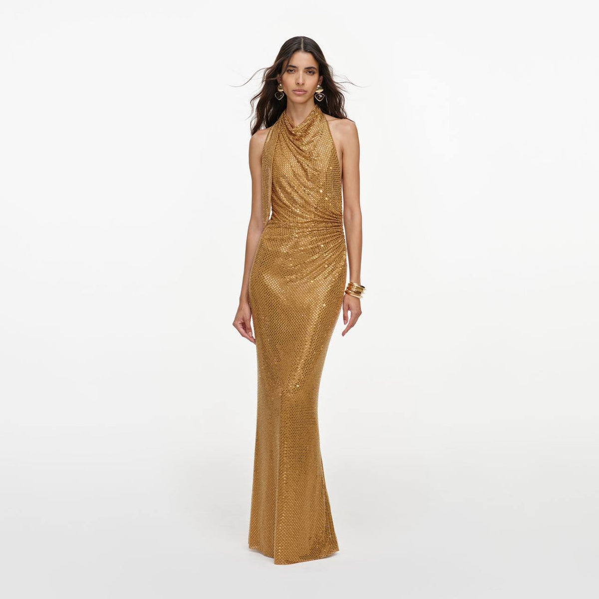 Gold Rhinestone Halter Maxi Dress - Image 3