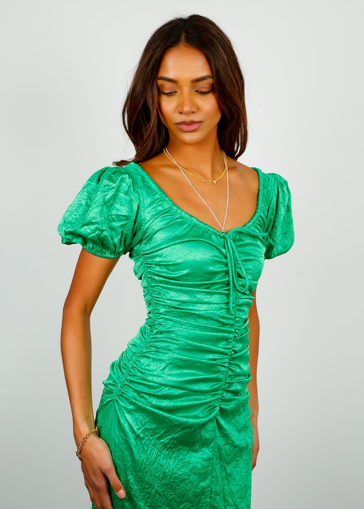 GN Green Ruched Crinkled Satin Midi Dress