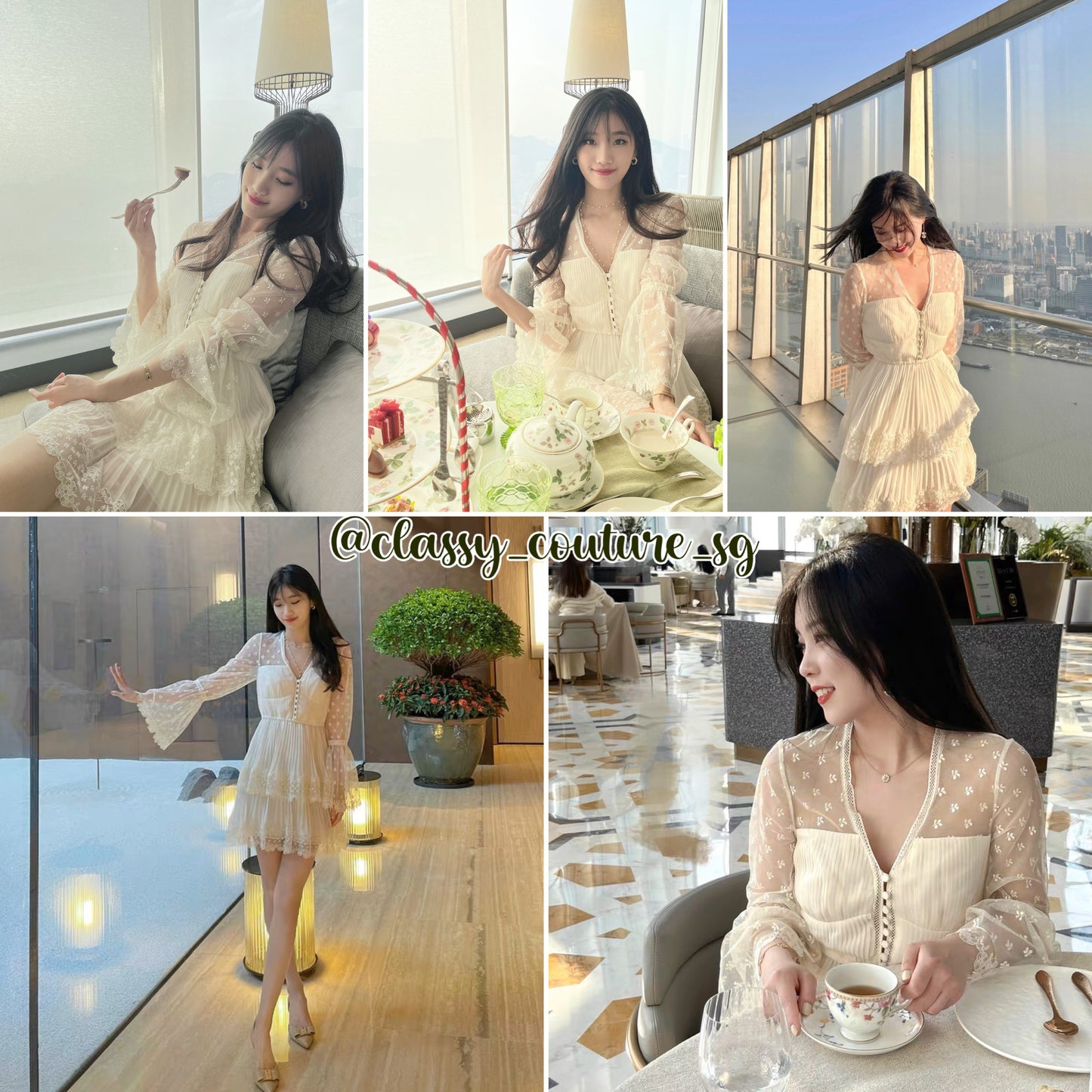 SP Cream Chiffon Lace Tiered Mini Dress