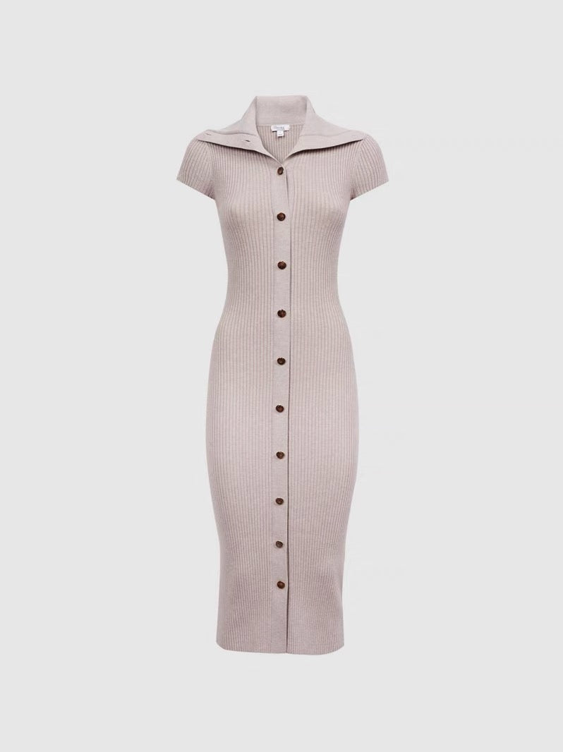 RS: Megan Neutral Knitted Ribbed Midi Dress