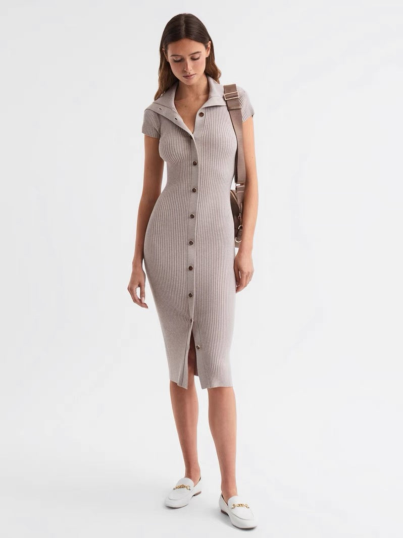 RS: Megan Neutral Knitted Ribbed Midi Dress
