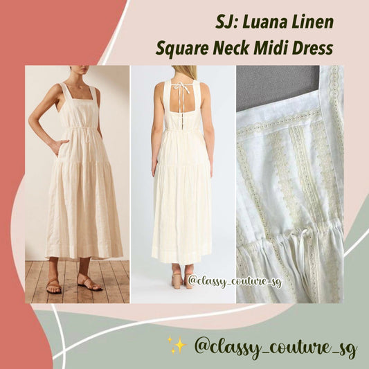 SJ Luana Linen Square Neck Midi Dress in Cream White