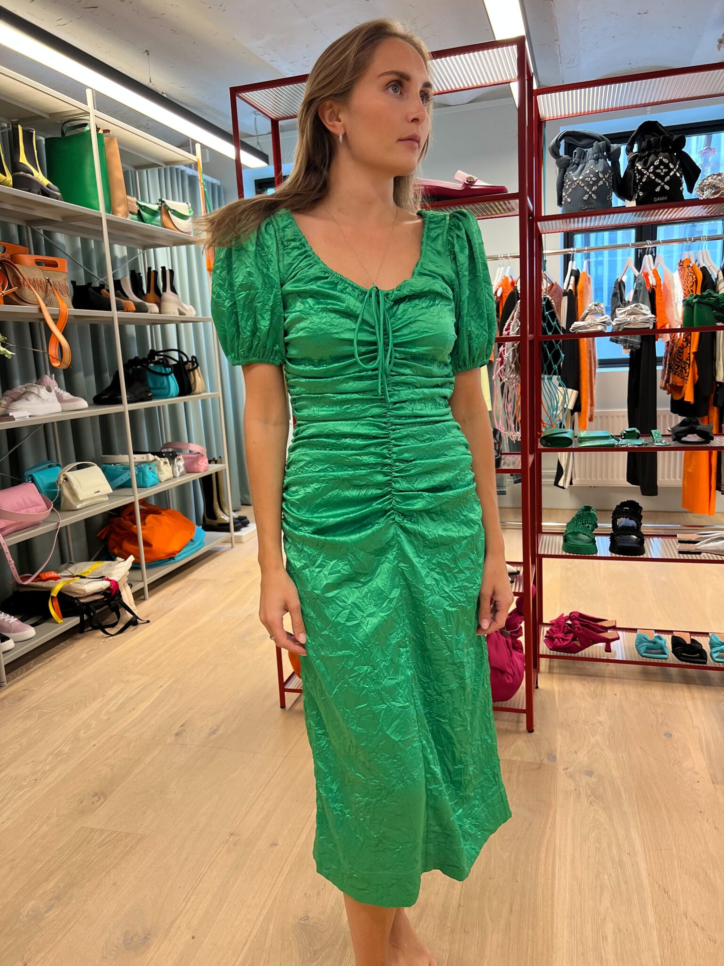 GN Green Ruched Crinkled Satin Midi Dress