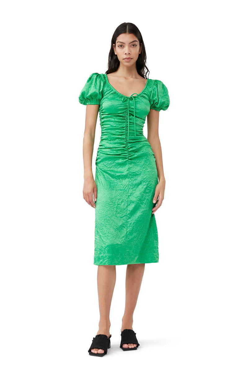 GN Green Ruched Crinkled Satin Midi Dress