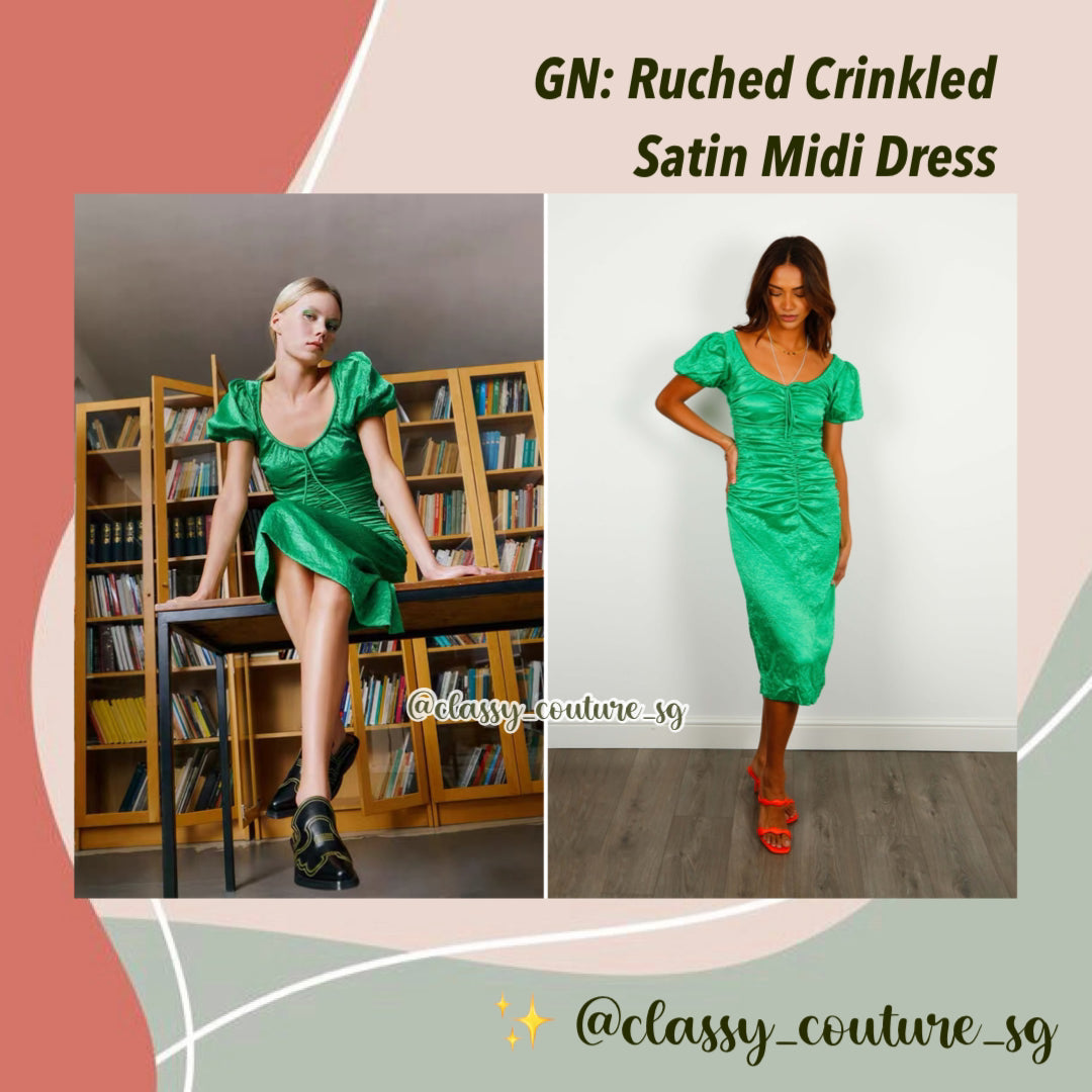 GN Green Ruched Crinkled Satin Midi Dress