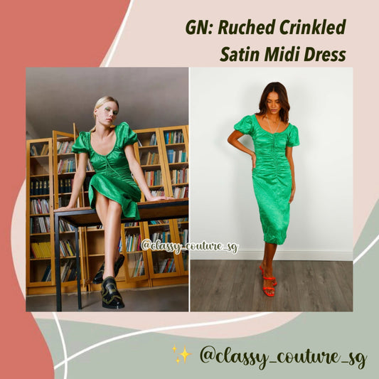 GN Green Ruched Crinkled Satin Midi Dress