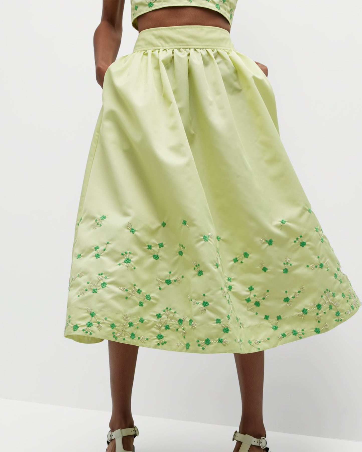 GN Lily Green Beaded Nylon Crop Top | Midi Skirt | Set