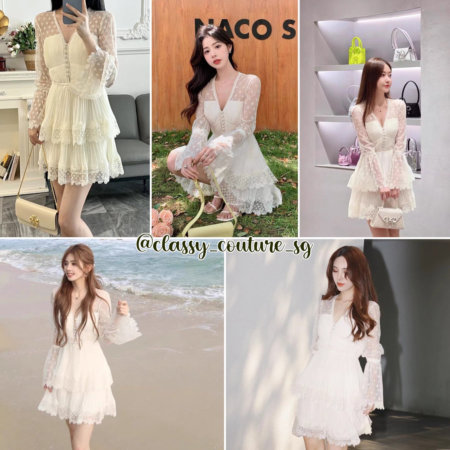 SP Cream Chiffon Lace Tiered Mini Dress