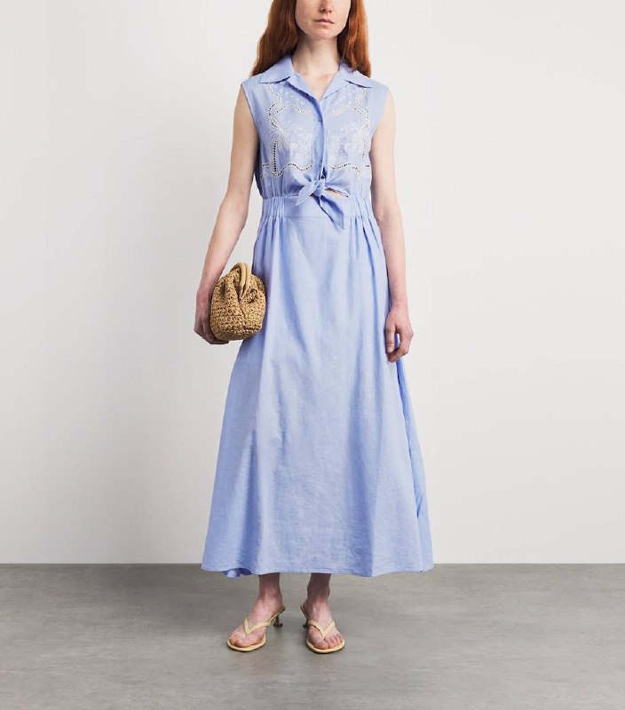 Linen-Blend Embroidered Maxi Dress