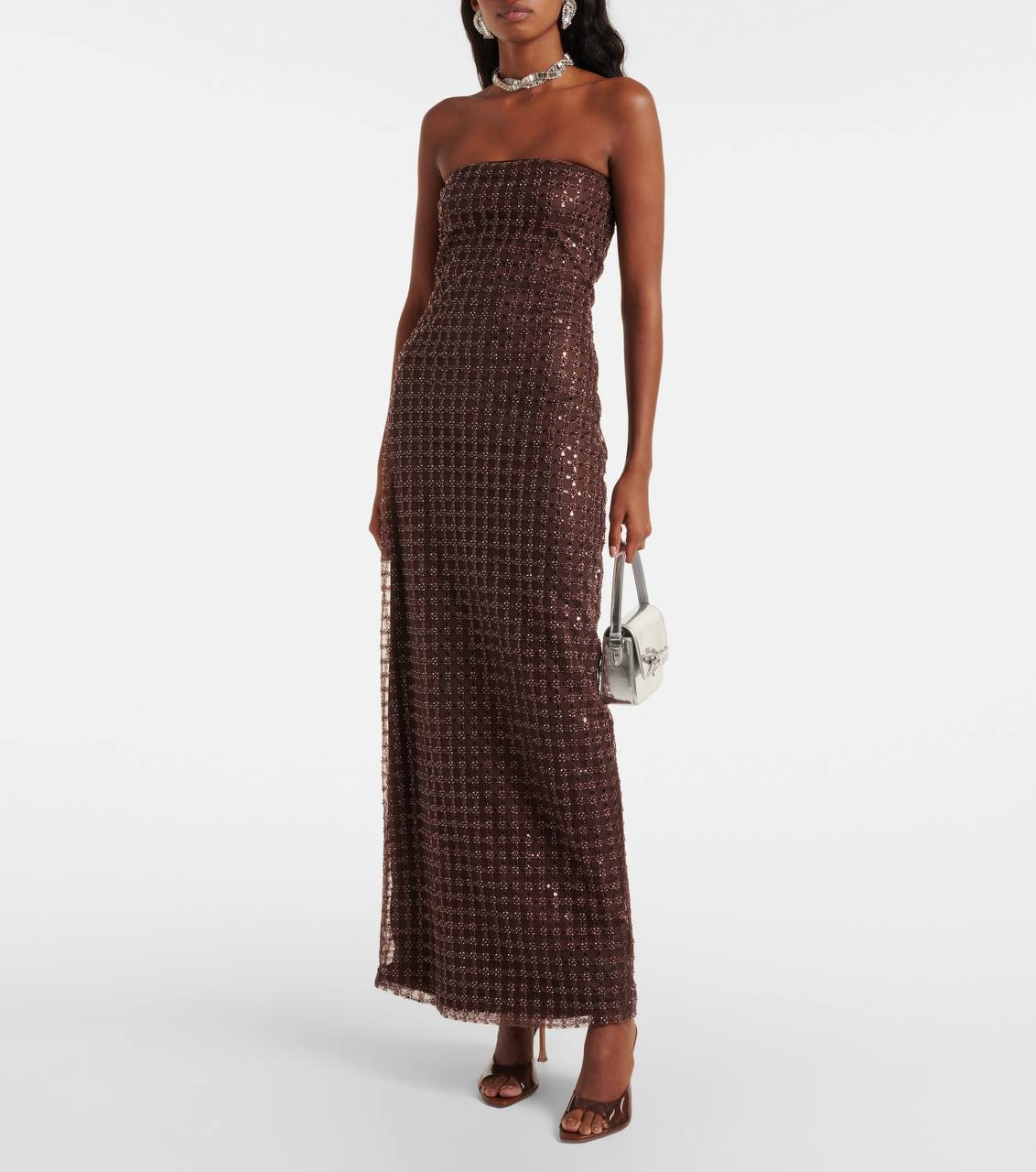 RTT Embellished Grid Sequin Sleeveless Maxi Dress in Recycled Polyester