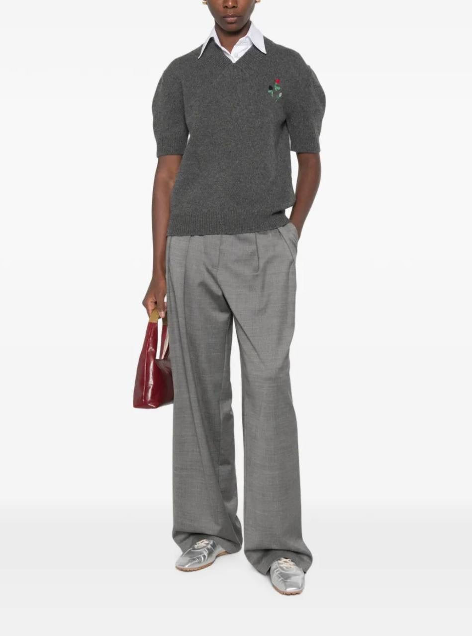 MM Grey Flower-Embroidered Short-Sleeve Wool-cashmere Jumper Top