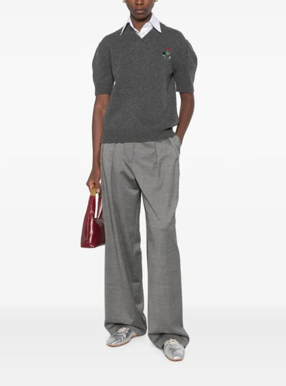 MM Grey Flower-Embroidered Short-Sleeve Wool-cashmere Jumper Top