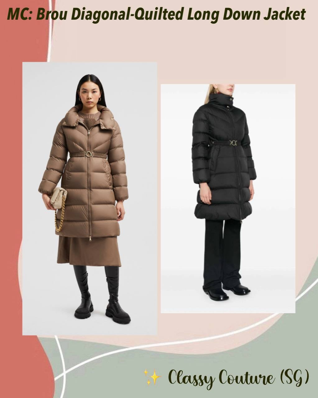 MC Brou Diagonal-Quilted Belted Long Down Jacket