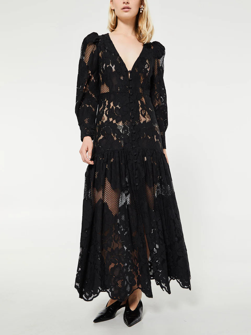 ML Penny Sheer Long Sleeve Cotton-Blend Lace Midi Maxi Dress in Black