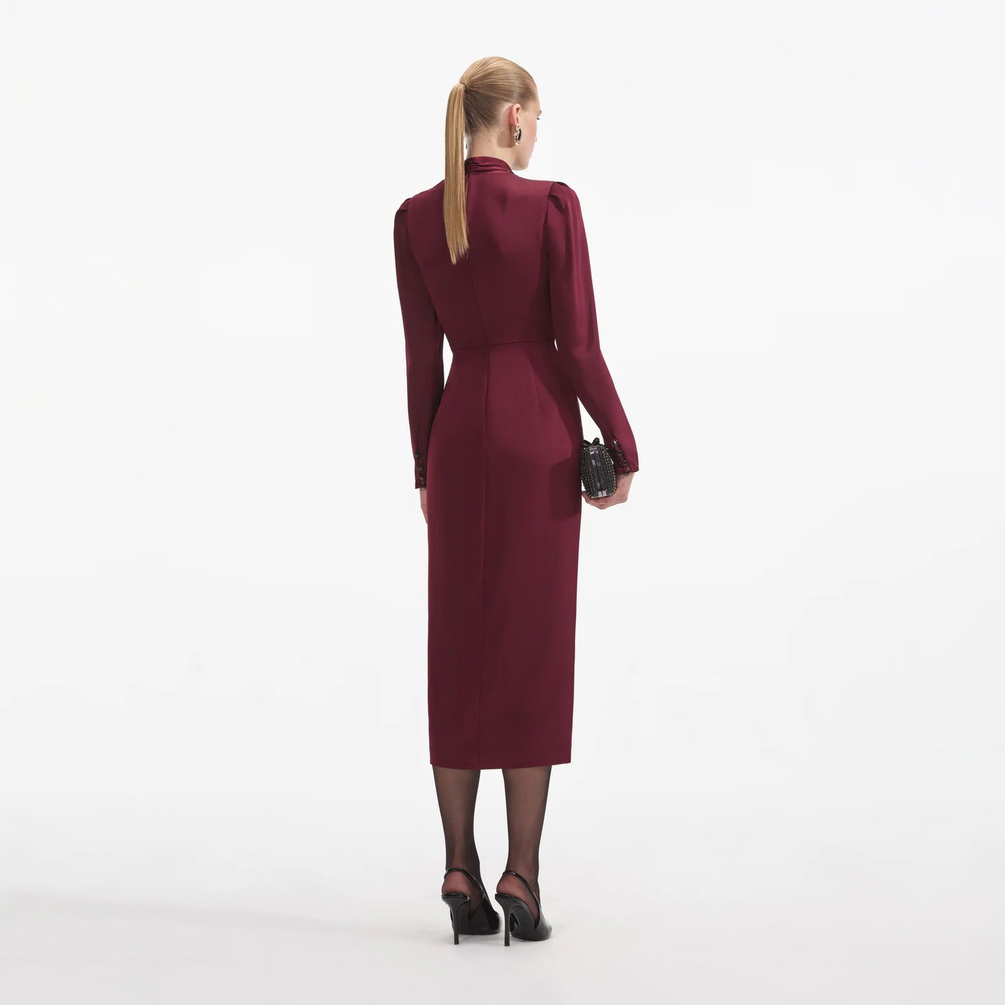 SP Burgundy Satin Midi Dress | Red Long-Sleeved