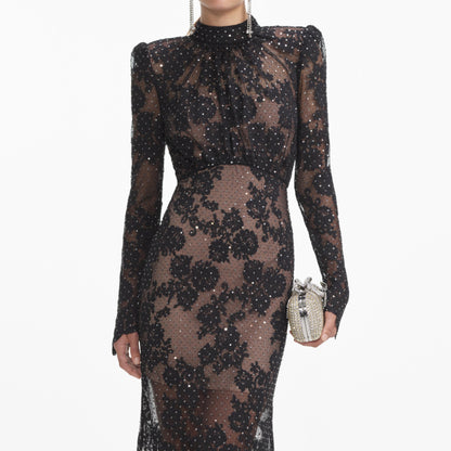 SP Black Rhinestone Lace Maxi Dress