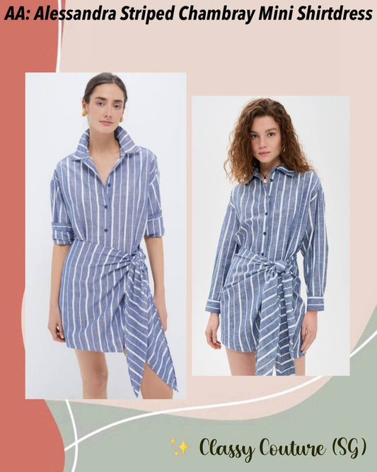 AA Alessandra Striped Chambray Sarong Cotton Mini Dress Shirtdress