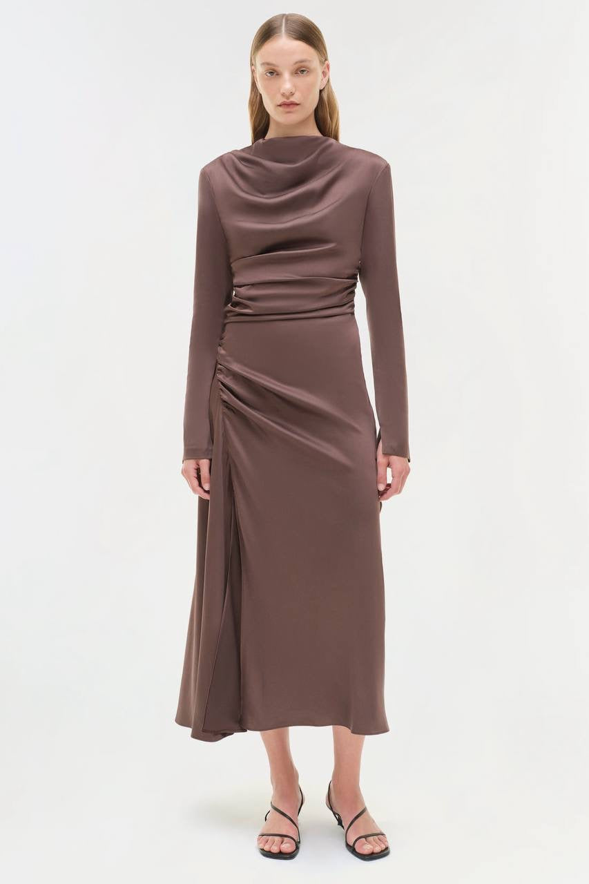 SK Odessa Ruched Long Sleeve Satin Midi Dress in Chocolate brown