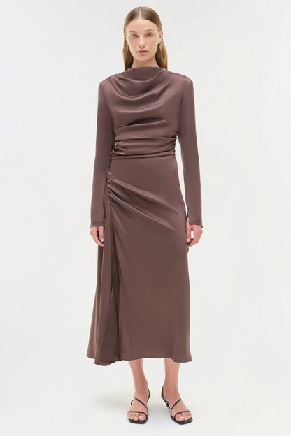 SK Odessa Ruched Long Sleeve Satin Midi Dress in Chocolate brown