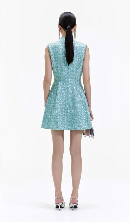 SALE! SP Mint Turquoise Green Boucle Sequin Gathered Mini Dress