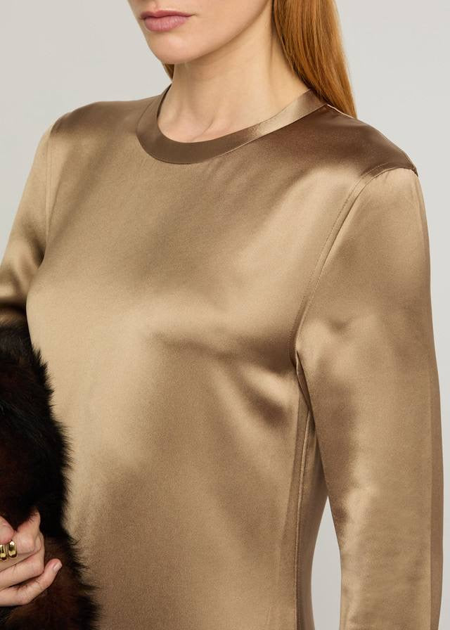 TOT Viscose Satin High-Neck Long Sleeve Midi Maxi Dress