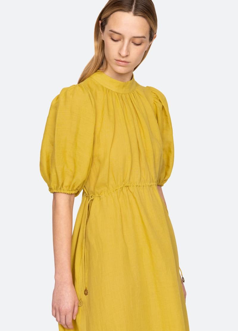 SE Anise S/S Short-Sleeved Ramie Puff Midi Dress (with detachable cotton slip)