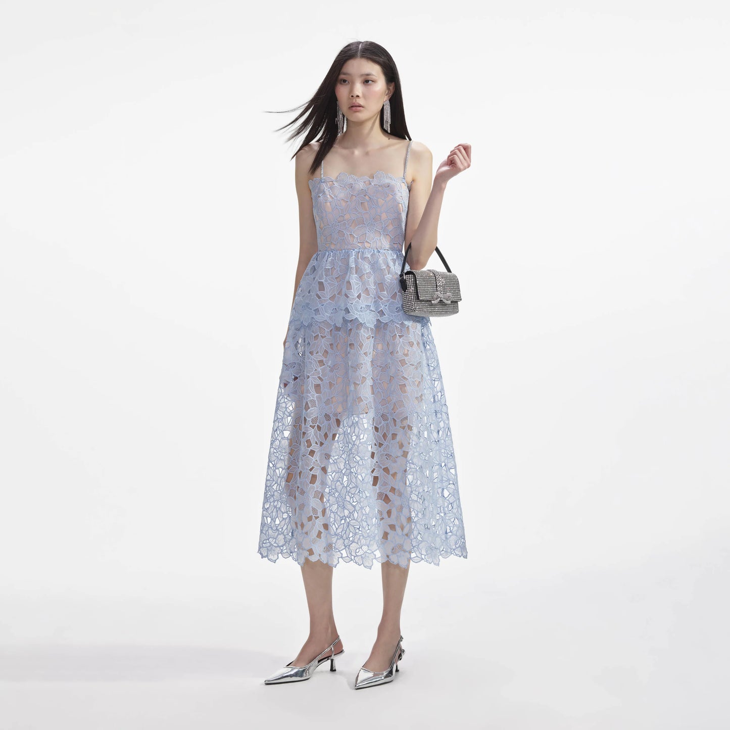 SP Blue Organza Lace Mini | Tiered Midi Dress