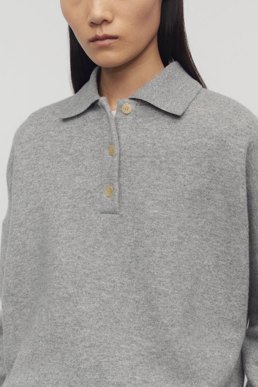 TR Corzas Cashmere-Cotton Polo Sweatshirt Long Sleeve Top in Grey