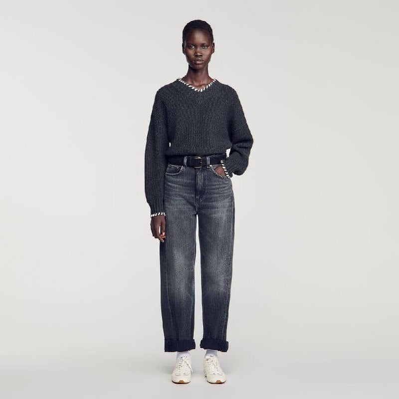 Grey Braided V-Neck Wool-blend Jumper Sweater