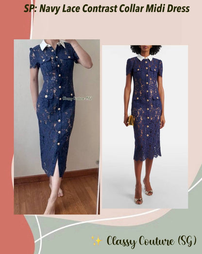 SP Navy Blue Lace Contrast Collar Midi Dress