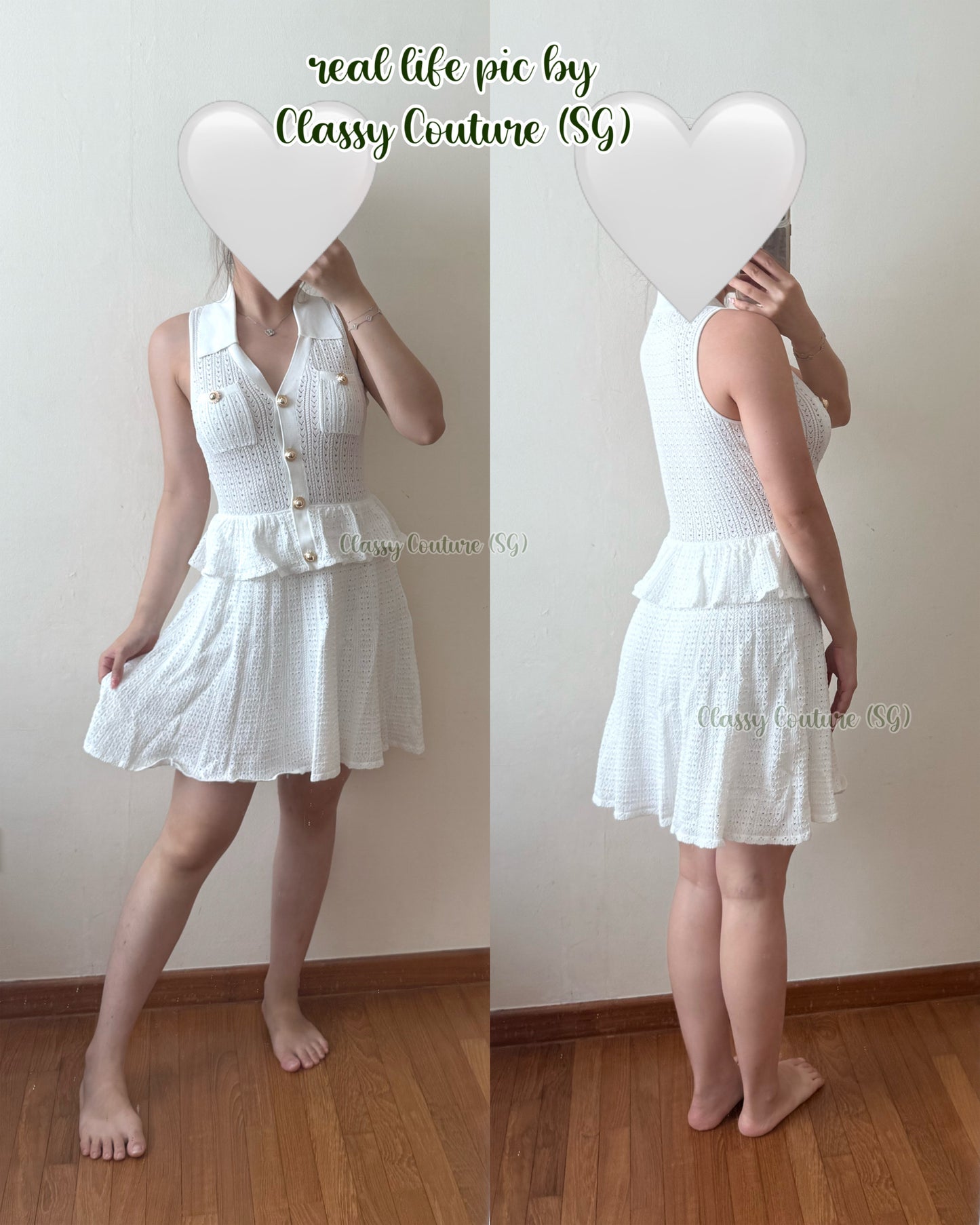 SP Pointelle Knit Collared Mini Dress in White & Black