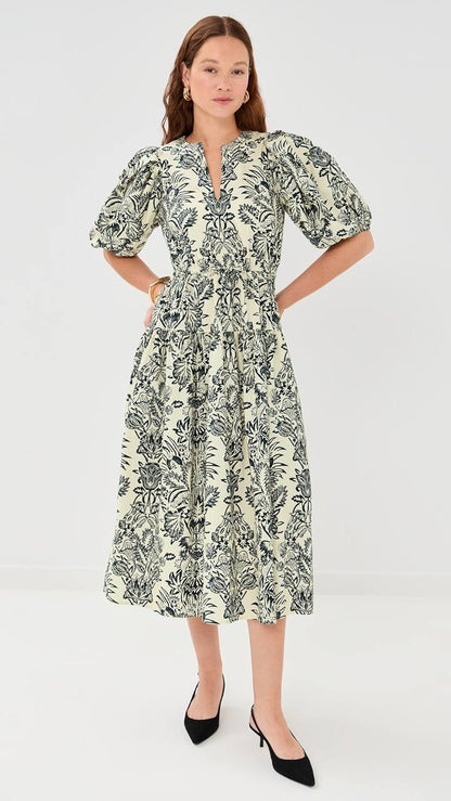UJ Harriet Printed Cotton Poplin Puff Sleeve Midi Dress