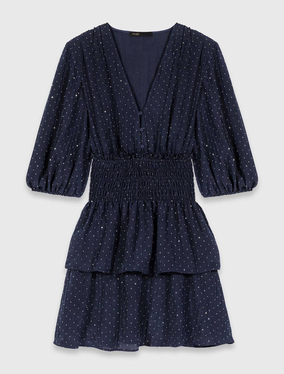 MJ Ruffle And Rhinestone Mini Dress in Navy Blue