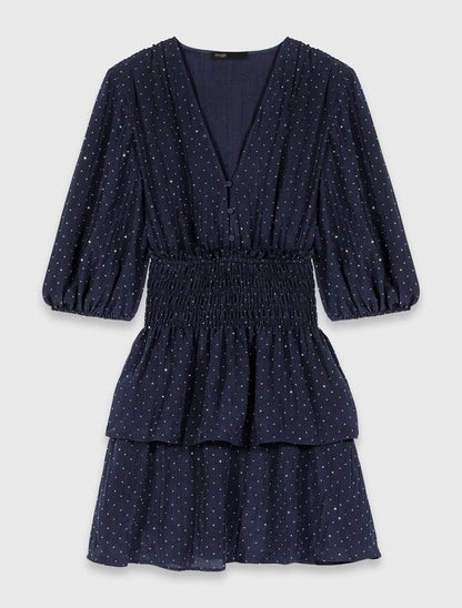MJ Ruffle And Rhinestone Mini Dress in Navy Blue