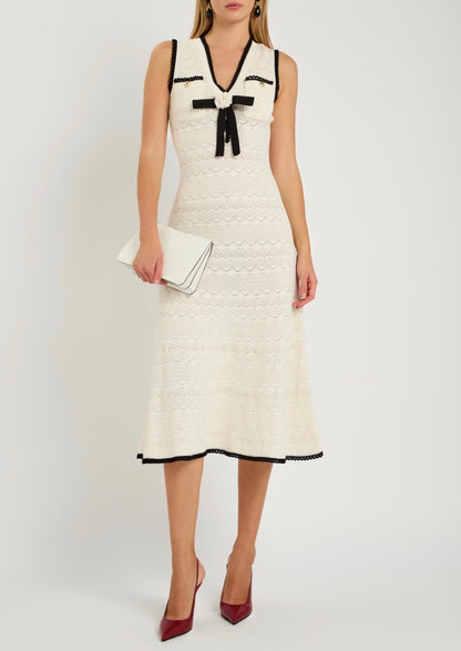 SP White 3D Rosette Pointelle Cotton-blend Knit Contrast Bow Mini | Midi Dress