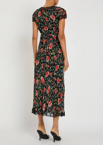 RX Clarice Lace-Trim Viscose Georgette Midi Dress in Black Multi Butterfly