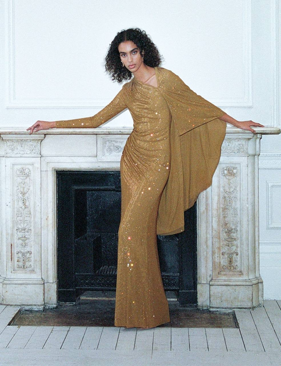 SP Gold Rhinestone Drape Midi Dress