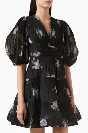 Black Iris Floral Pleated Mini | Midi Dress