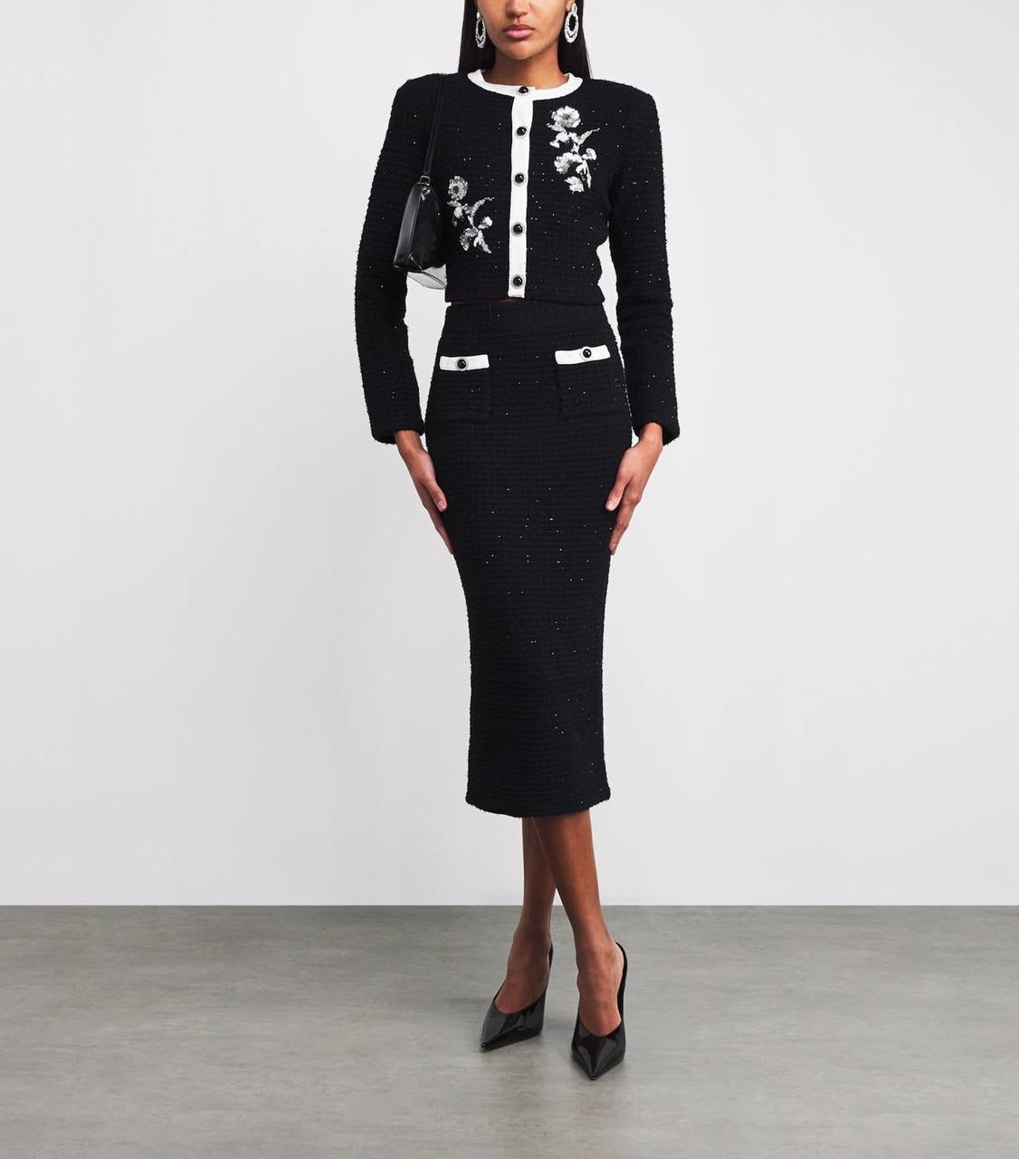 SP Black Textured-Knit Embellished Floral Jacket | Skirt