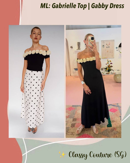 ML Gabrielle Off-Shoulder Top | Gabby 3D Rose Appliqué Maxi Dress