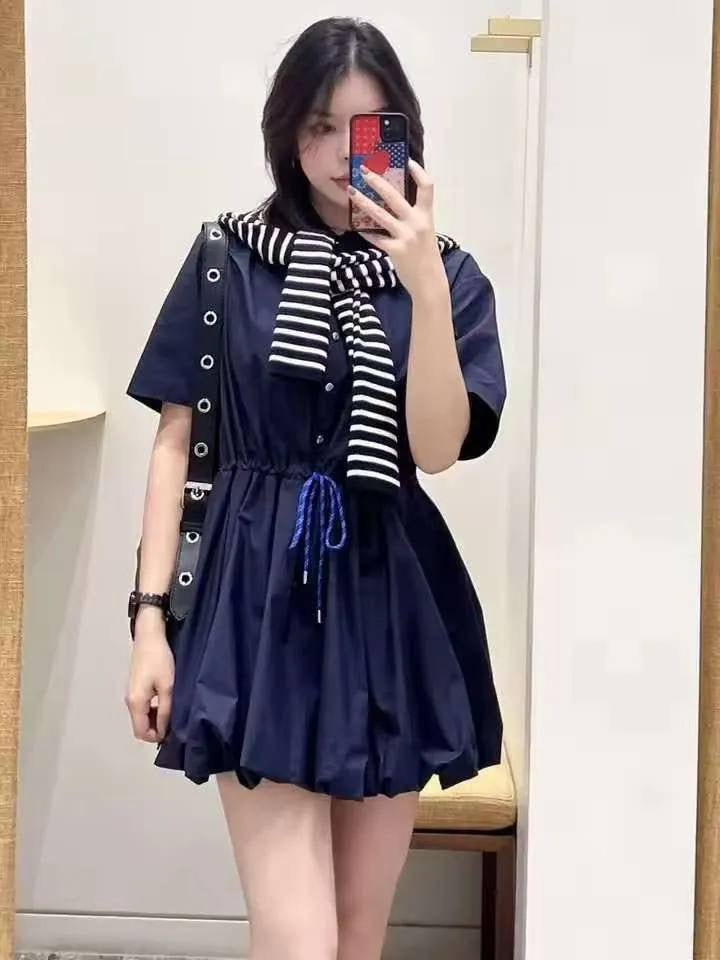 MJ Romimita Short-Sleeved Cotton Bubble Drawstring Mini Dress Shirtdress
