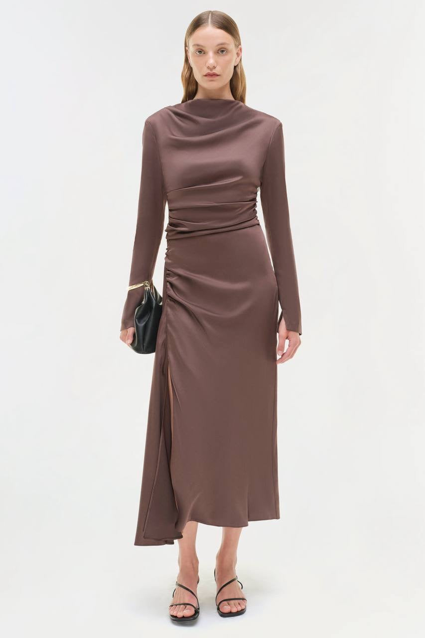SK Odessa Ruched Long Sleeve Satin Midi Dress in Chocolate brown