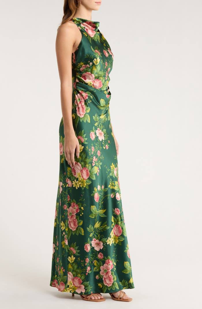 Ref Anaiis Silk High Neck Maxi Dress in Belvedere Green