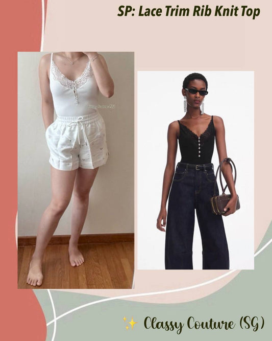 SP Lace Trim Rib Knit Cami Top in White & Black