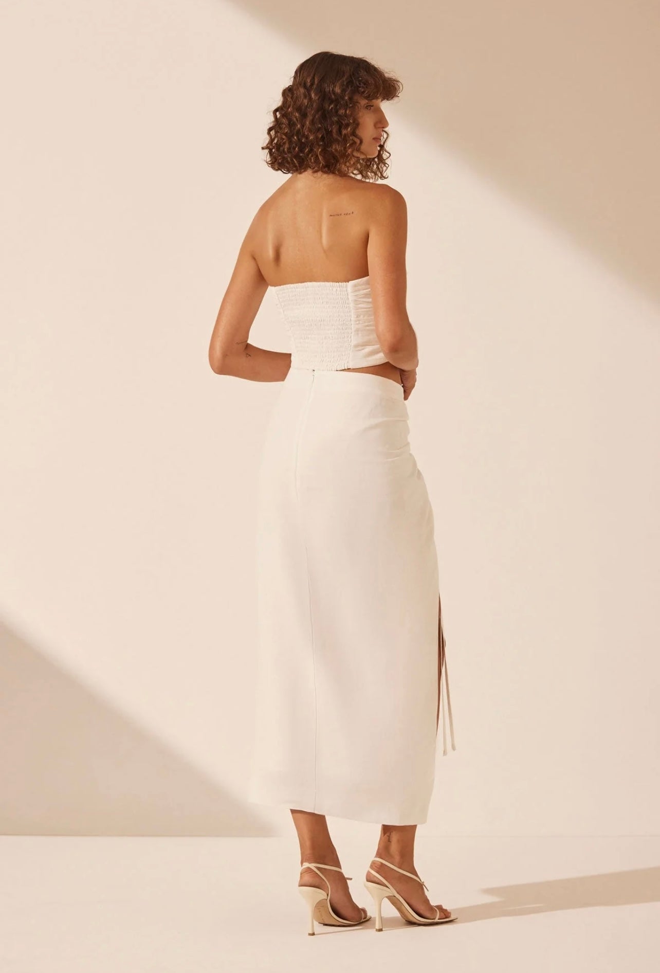 SJ Blanc Linen Strapless Cut Out Ruched Top | Drawstring Midi Skirt | Ivory Set