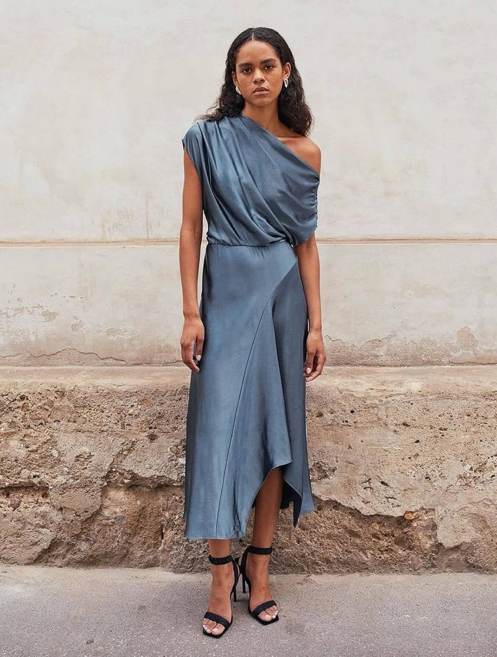 ALC Jasmine Ruched One Shoulder Satin Midi Dress