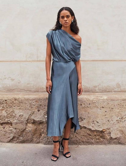 ALC Jasmine Ruched One Shoulder Satin Midi Dress