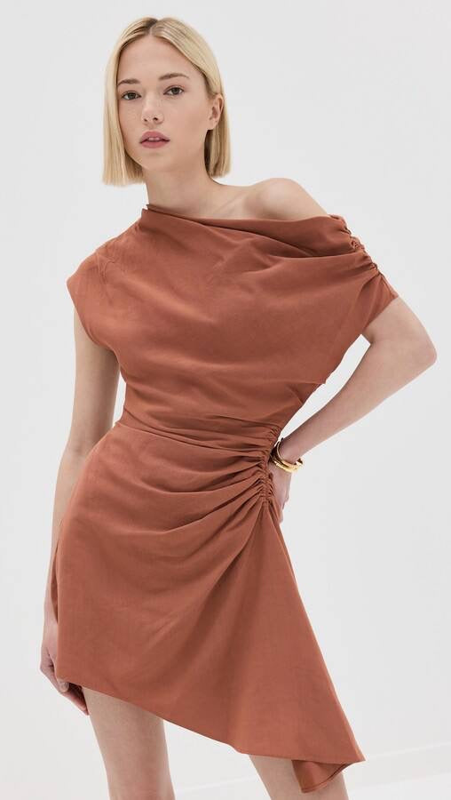 ALC Poppy Viscose-Linen One Shoulder Ruched Mini Dress