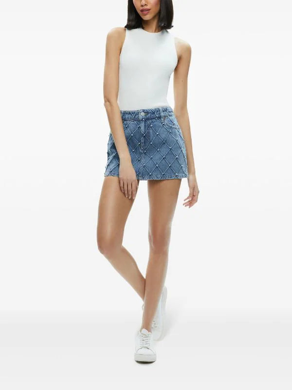 AO Joss High Rise Quilted Embellished Denim Mini Skirt