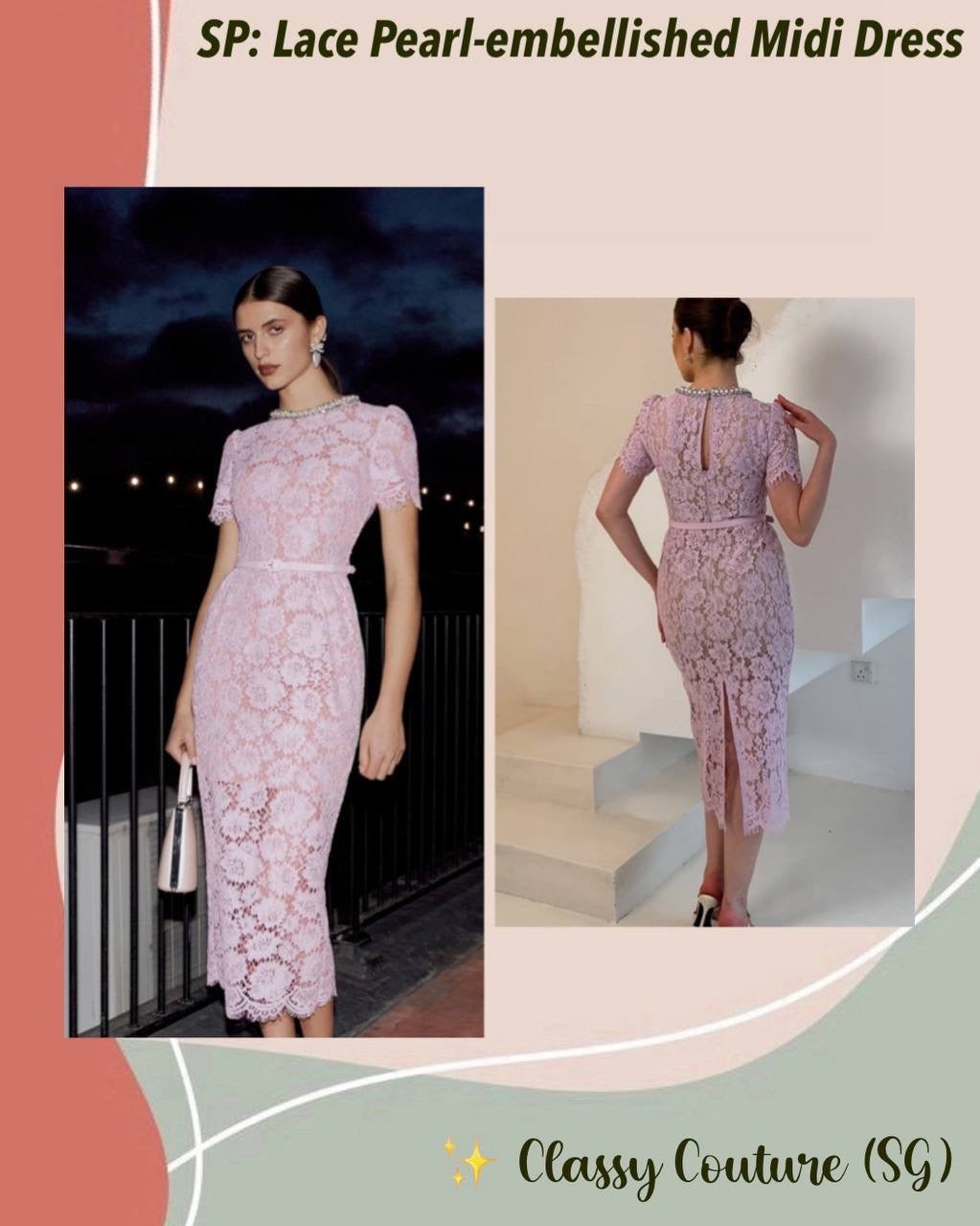 SP Pink Fine Lace Pearl Embellished Midi Dress